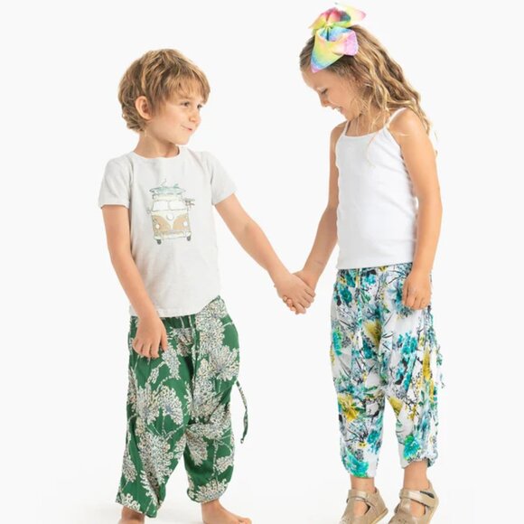 Kids Flower Harem Pant Cotton Unisex Travel Yoga Loungewear Dandelion Green - Picture 3 of 5